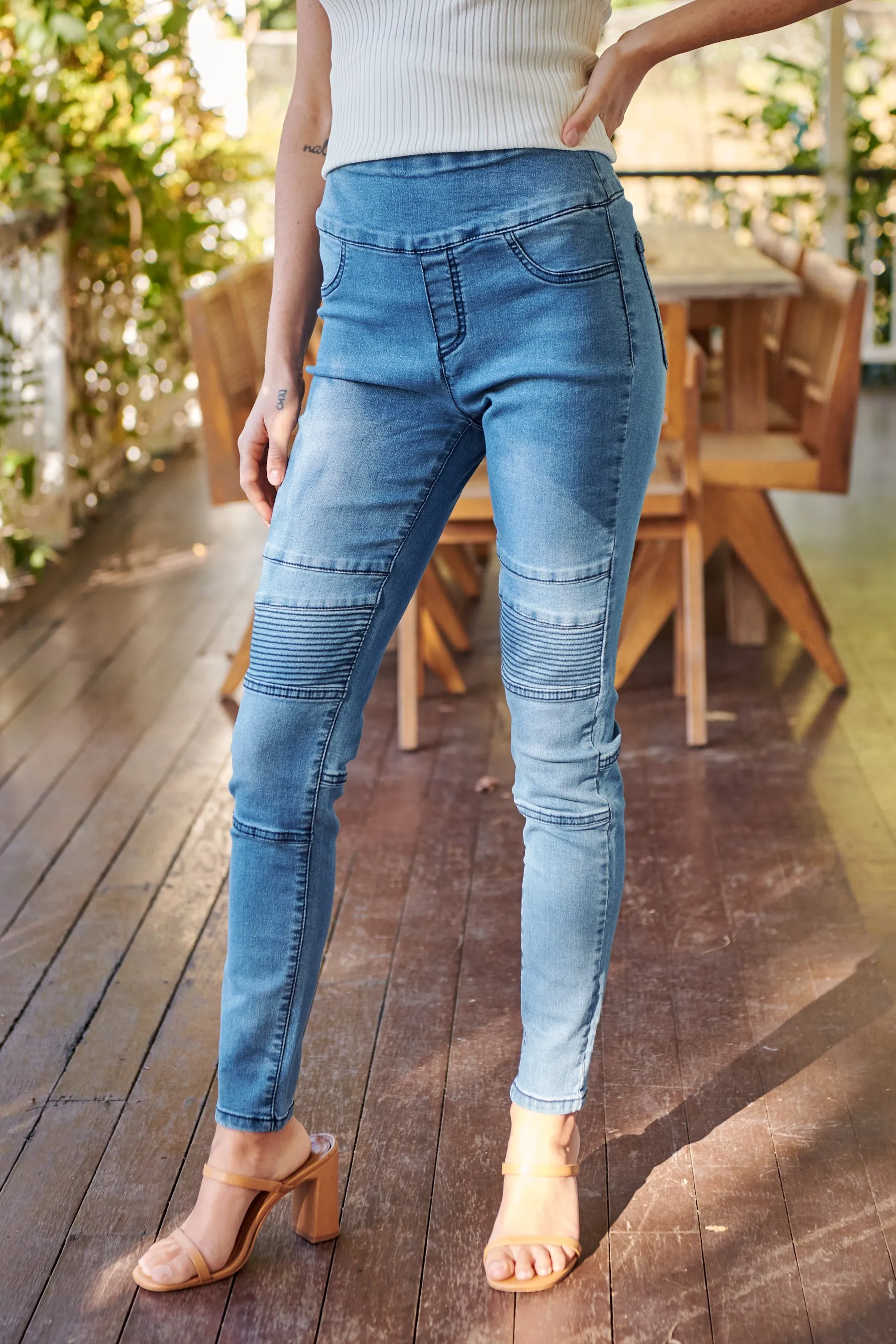 Patched Knee Blue Denim Stretch Jean