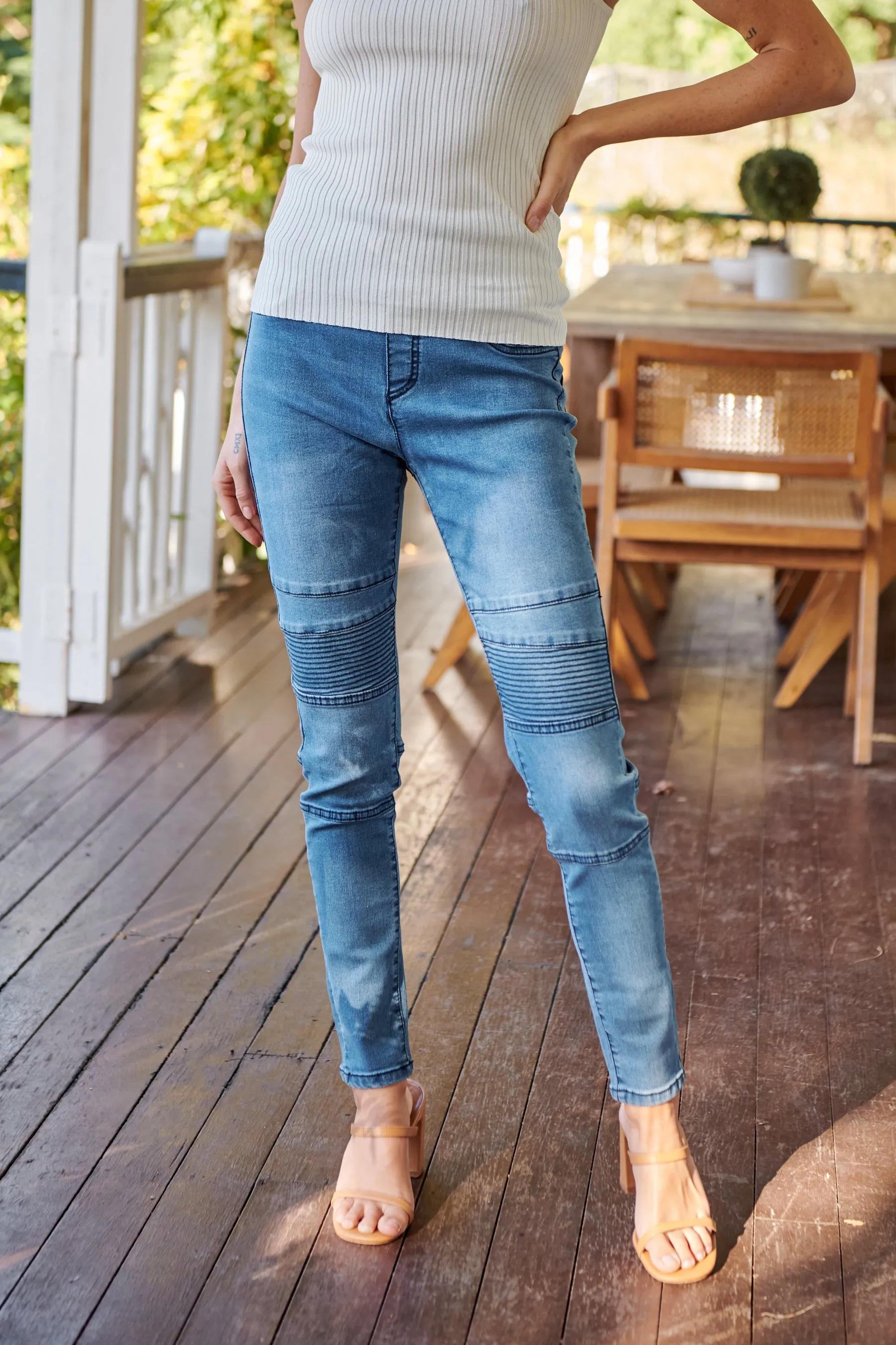 Patched Knee Blue Denim Stretch Jean