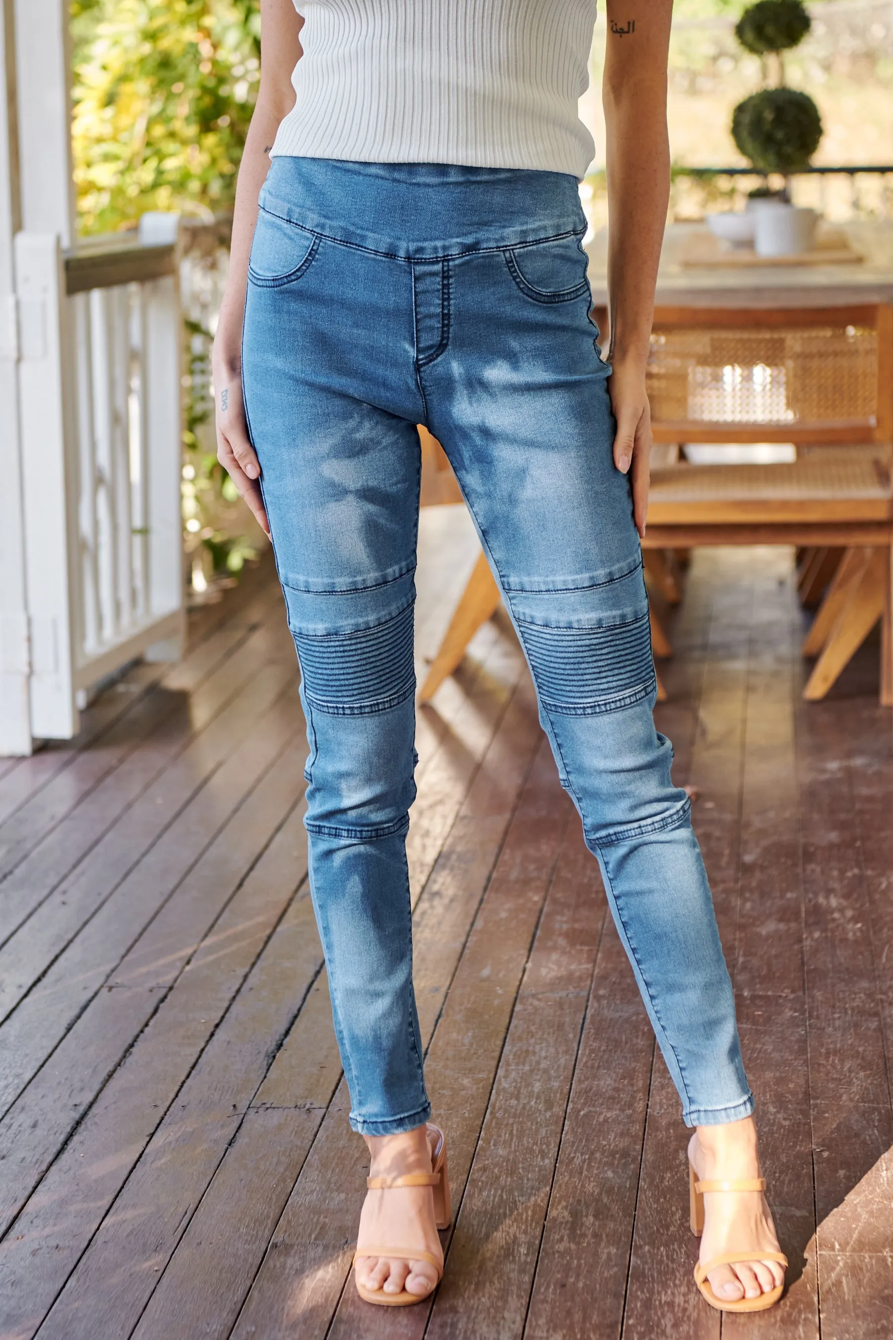 Patched Knee Blue Denim Stretch Jean