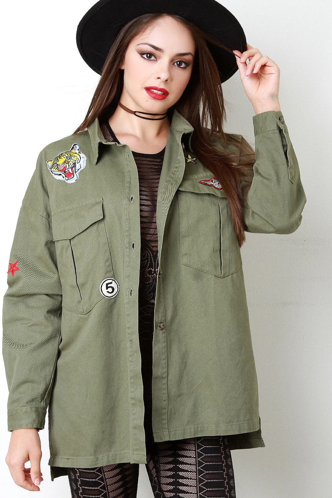 Patched Military Pocketed Denim Jacket