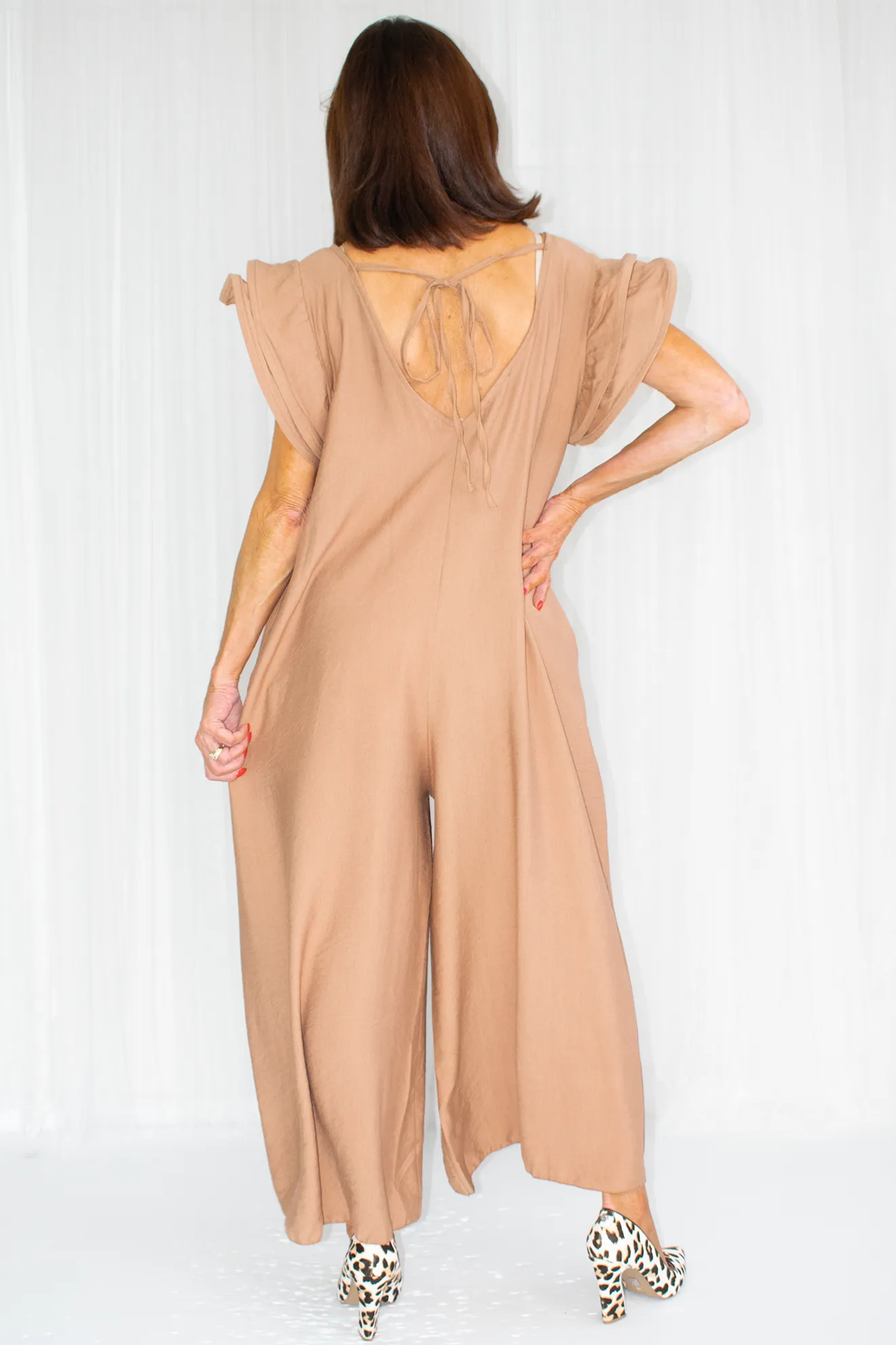 Ravello Ruffle Sleeve Wide Leg Jumpsuit in Camel