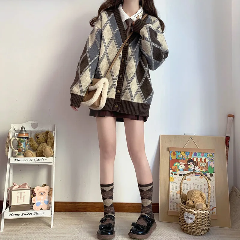 Rhombus Diamond Pattern Brown Cozy Autumn Winter Knit Cardigan