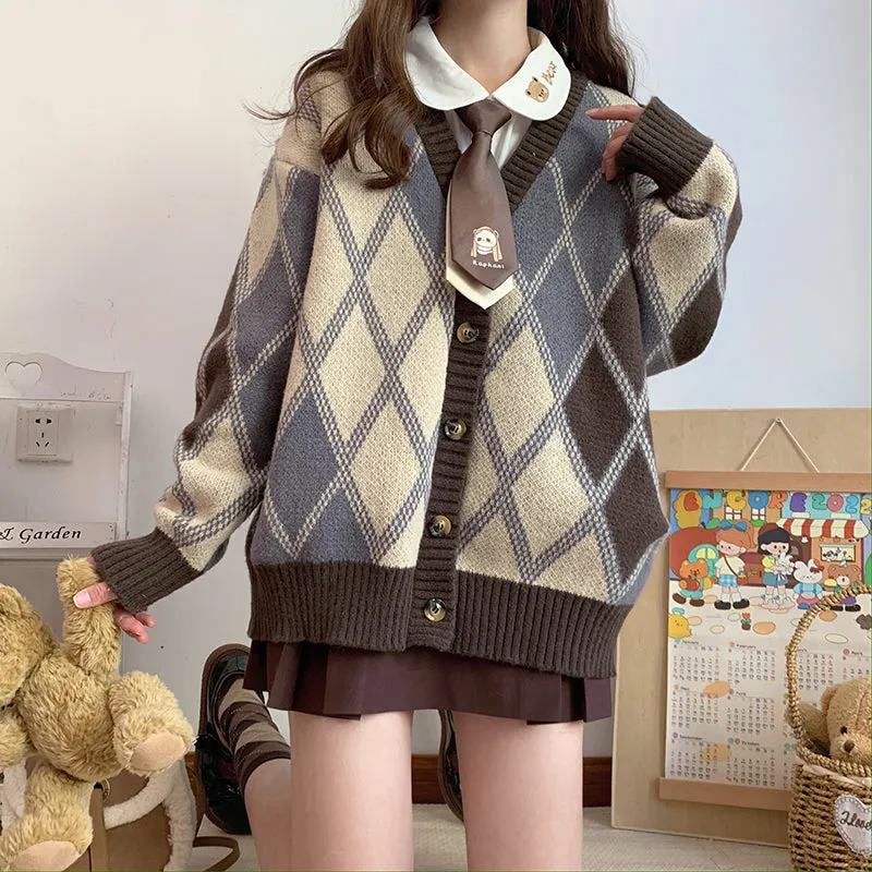 Rhombus Diamond Pattern Brown Cozy Autumn Winter Knit Cardigan