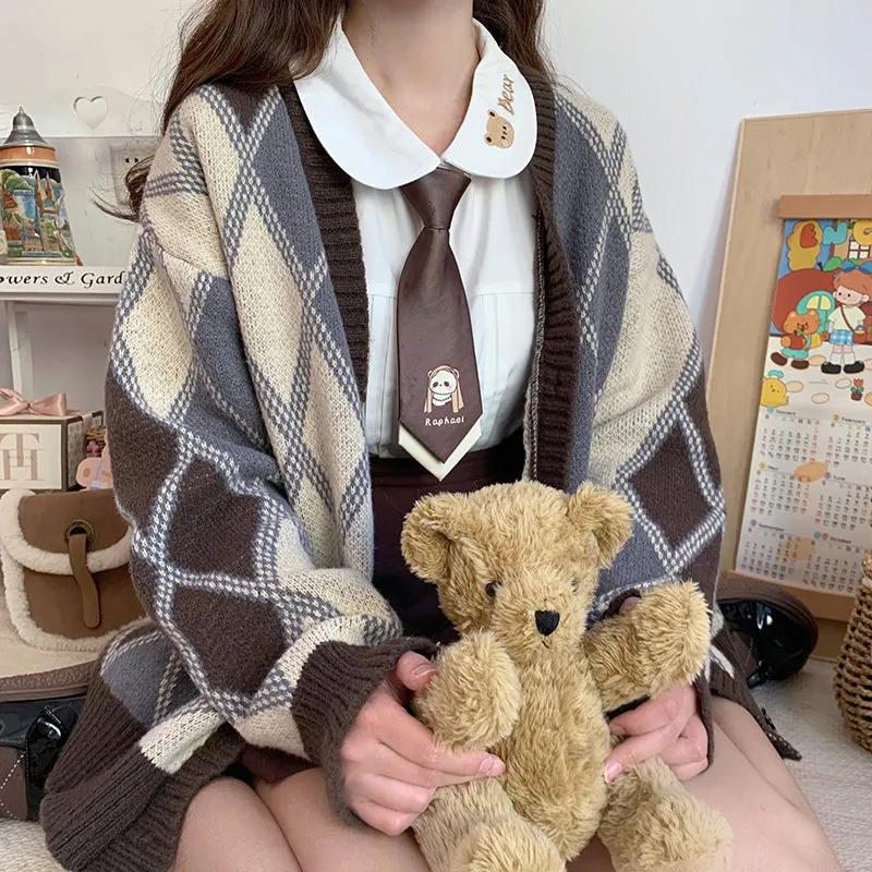 Rhombus Diamond Pattern Brown Cozy Autumn Winter Knit Cardigan