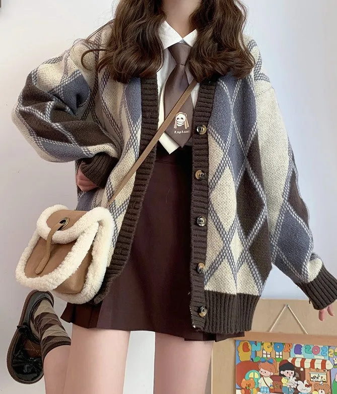 Rhombus Diamond Pattern Brown Cozy Autumn Winter Knit Cardigan