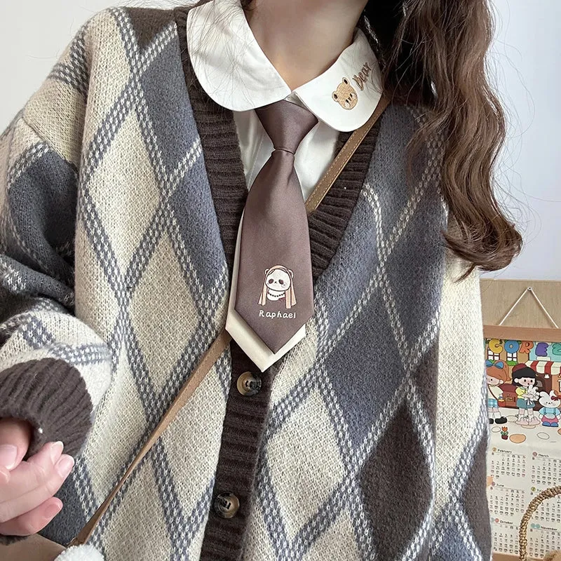 Rhombus Diamond Pattern Brown Cozy Autumn Winter Knit Cardigan