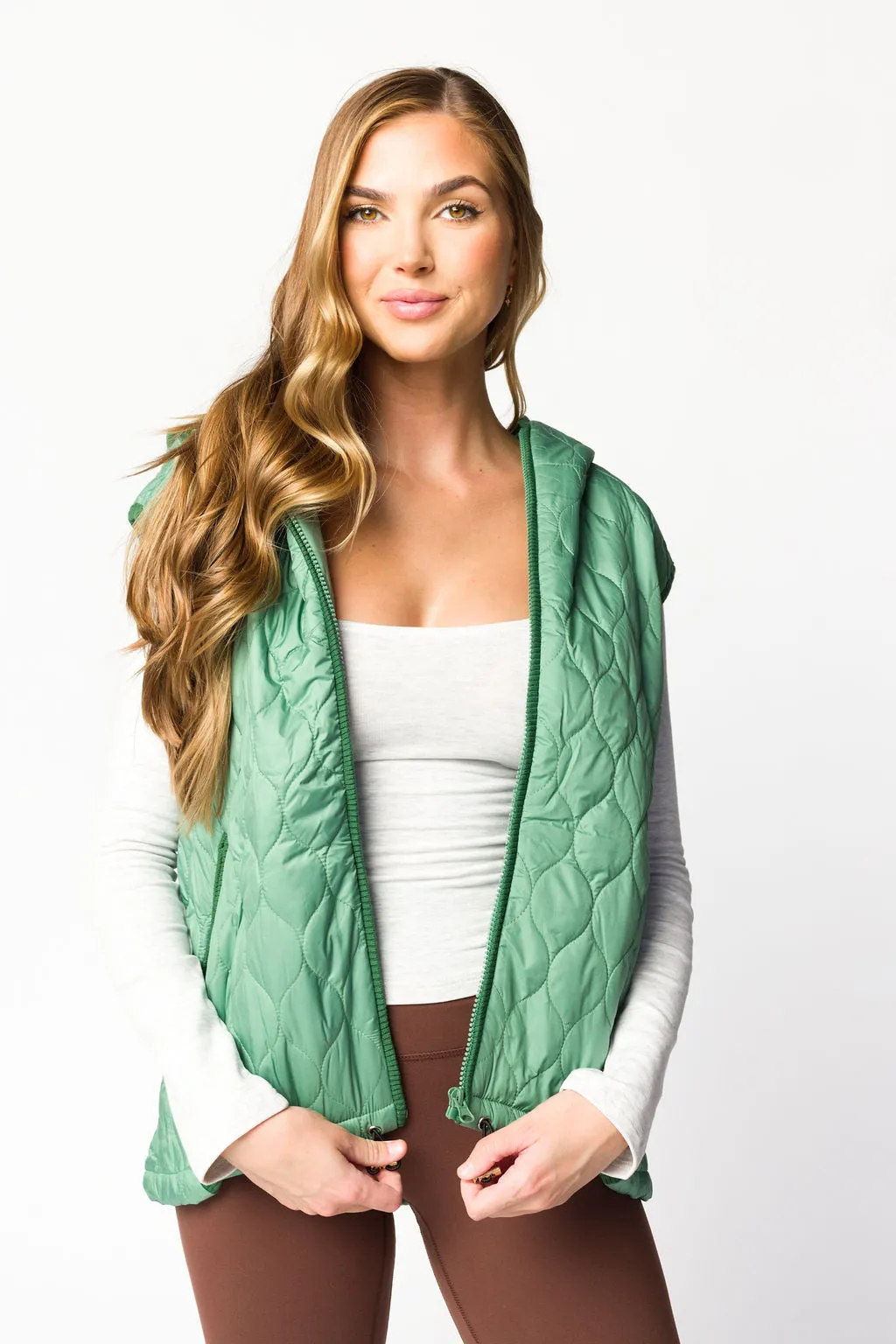 Selma Hooded Quilted Zipper Puffer Vest in Olive