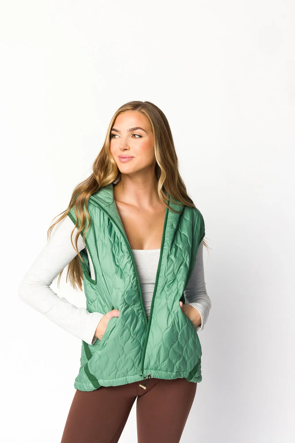 Selma Hooded Quilted Zipper Puffer Vest in Olive