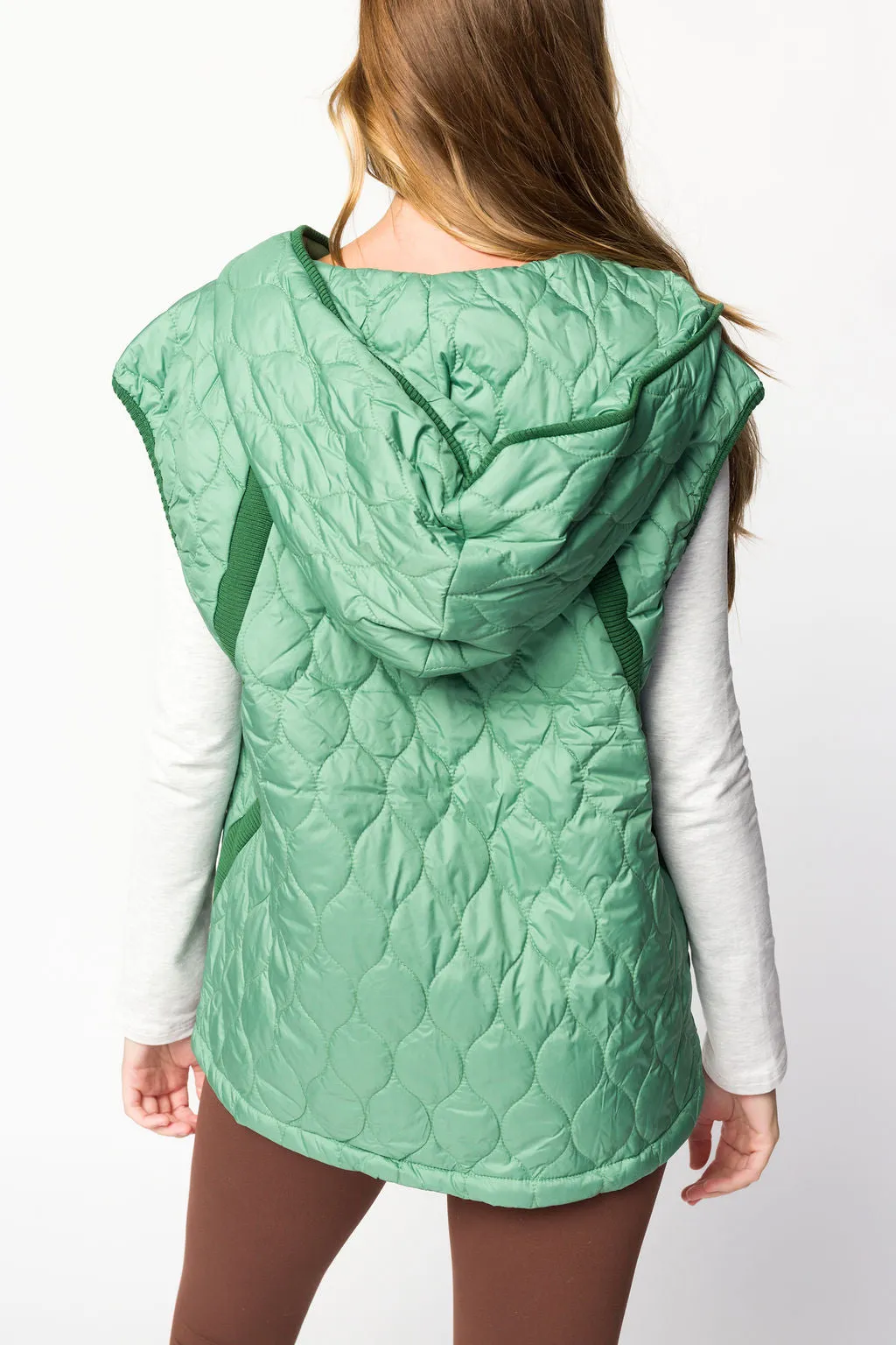 Selma Hooded Quilted Zipper Puffer Vest in Olive