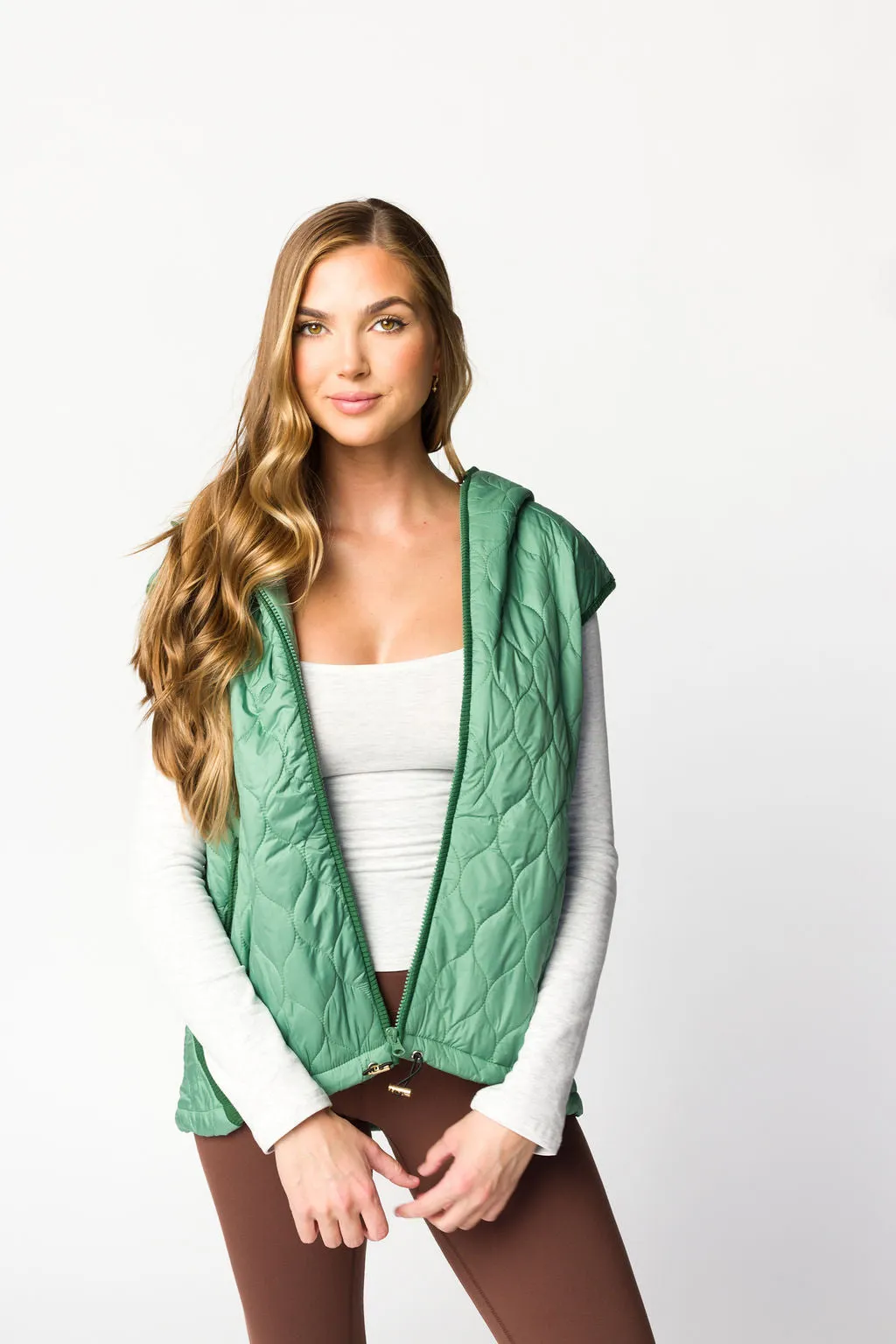 Selma Hooded Quilted Zipper Puffer Vest in Olive