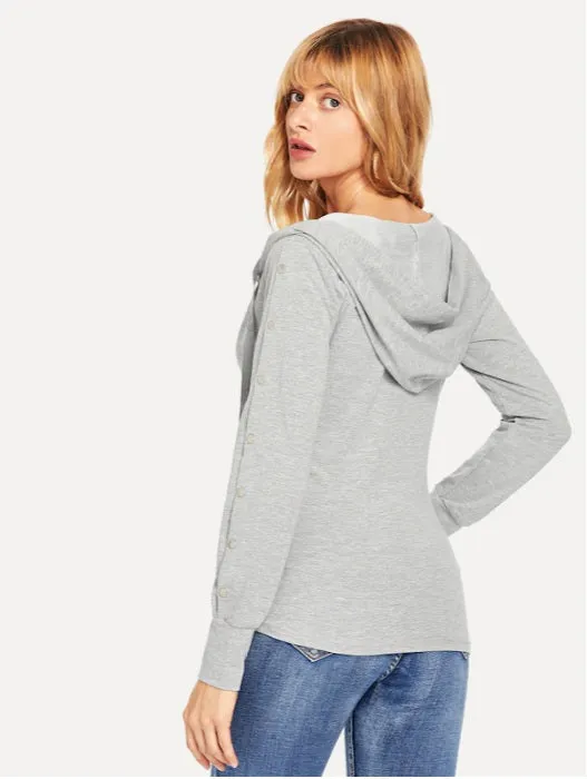 Solid Deep V Neck Hooded Sweatshirt